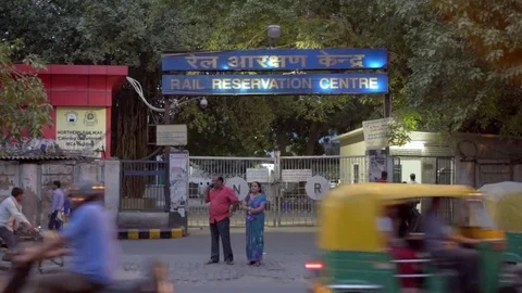 Rail Reservation Centre sign, main gate, evening time, New Delhi, India Stock Footage 74687534