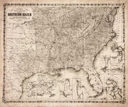 Rail Road And County Map Of The Southern States Containing The Latest Infor.. Stock Illustration