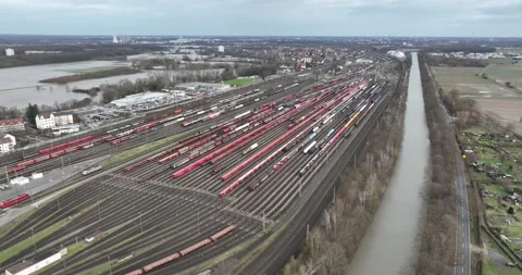 Rail road terminal, train yard. Birds eye aerial drone view on transportation 스톡 동영상 260829061