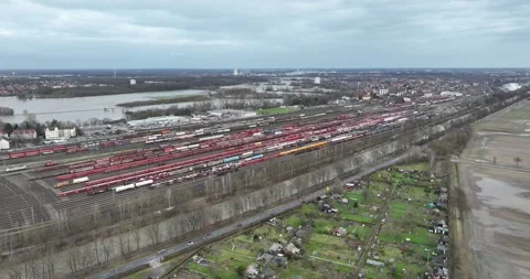 Rail road terminal, train yard. Birds eye aerial drone view on transportation Stock-Footage 261006179