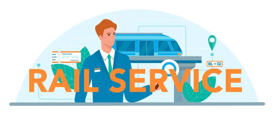 Rail service typographic header. Train conductor in uniform on duty. Stock Illustration