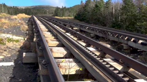 The rail tracks of the Mount Washington Cog Railway Stock Footage 201605635