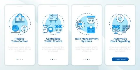 Rail traffic management systems monochrome blue onboarding mobile app screen Stock Illustration