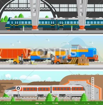 Rail Transport Horizontal Flat Banners Stock Illustration