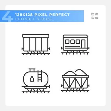 Rail wagon pixel perfect linear icons set Stock Illustration