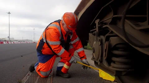 Rail Worker Securing Freight Train Wheel with Chock at Le Havre Rail Yard Stock Footage 337976464