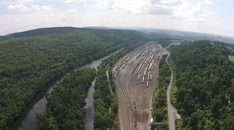 Rail Yard and River Stock Footage 40682887