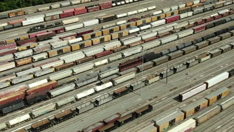 Rail yard with moving trains in Macon Georgia Stock Footage 136595136