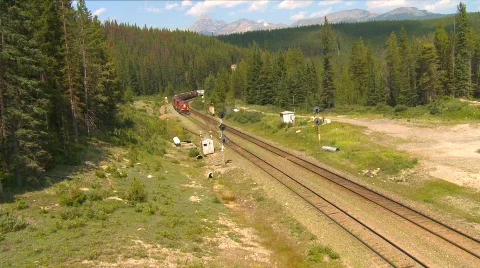 Railroad, AC4400 locomotives leading freight up heavy grade with forest Stock Footage