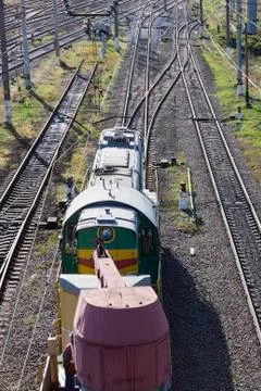 Railroad and freight train on vertically oriented frame. Stock Photos