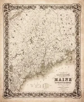 Railroad And Township Map Of The State Of Maine With Portions Of New Hampsh.. Stock Illustration