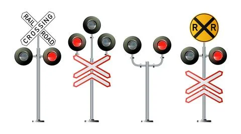 Railroad barrier gate with warning light at level crossing. Vector illustration Stock Illustration