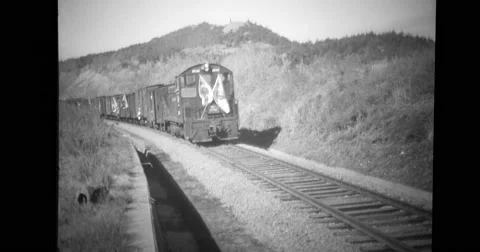 Railroad car decorated with flags and loaded with Chinese prisoners Stock Footage