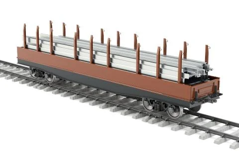 Railroad car with stack of rolled metal products, 3D rendering Stockillustratie