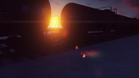 Railroad with cisterns passing through it with oil at sunset. 3D Rendering Stock Illustration