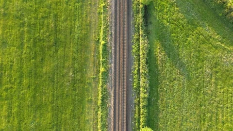 Railroad in the countryside, train travel in the fields Stock Footage