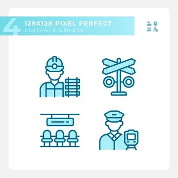 Railroad infrastructure pixel perfect blue RGB color icons set Stock Illustration