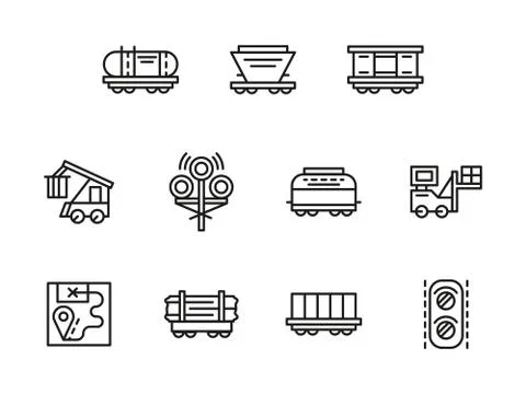 Railroad logistics black line vector icons set Stockillustratie