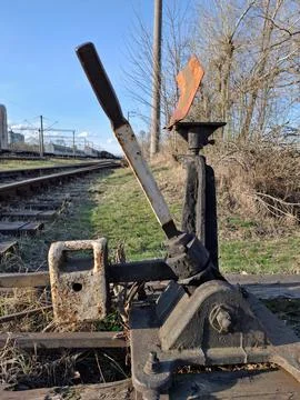 Railroad switch with lever and counterweight Stock Photos