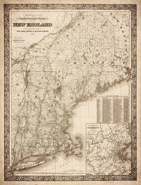 Railroad Township And Distance Map Of New England 1861 Map Stock Illustration