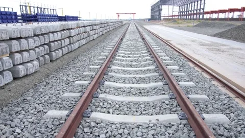 Railroad Track Construction, Track in shot camera, slowly Stock Footage 196997013