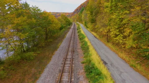 Railroad Tracks in the Fall 4K Drone Shot Stock Footage 160086185
