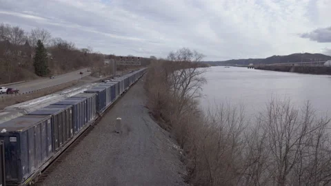 Railroad train and river Stock Footage 219321990