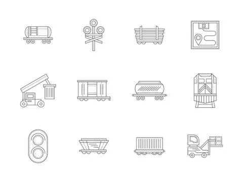 Railroad transportations flat line vector icons Stock Illustration