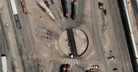 Railroad Turn Table and Locomotives in a Railyard Aerial View Amarillo Texas Video stock 335677341