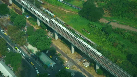 Railroad view. two trains are traveling towards each other on different tracks Stock Footage 233501259