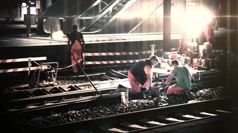 Railroad workers make repairs rails Stock Footage 42580575