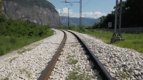 The rails of an ancient train in a single track railway - view of the rails from Stock Footage 160982407