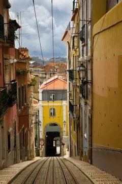 Rails of the funicular in Lisbon Stock Photos