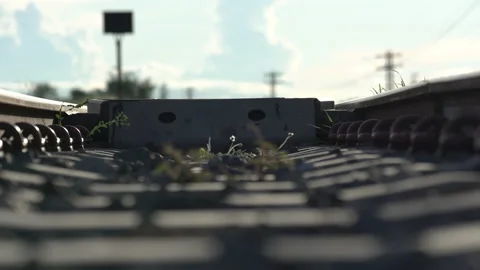 Railtrain on crossroad for vehicle transport, close up railway of train Vídeo Stock 136908341
