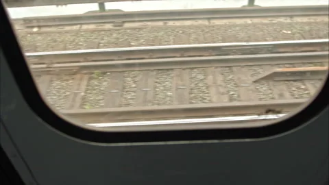 Railway bed view from the window of the car. Slow Motion 100fps 2.8k 스톡 동영상 198388731