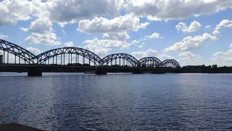 Railway Bridge and Passenger Ship in Riga, Latvia - June 4, 2026 Stock Footage 336398261
