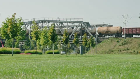 Railway bridge next to the road Stock Footage 170334780