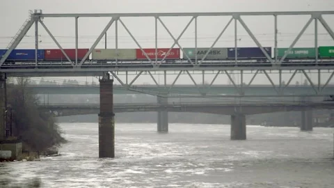 Railway bridge over the river Stock Footage 224071193