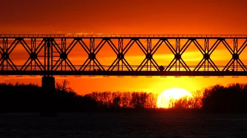Railway bridge over the river at the stunning dawn Stock Footage 129155014