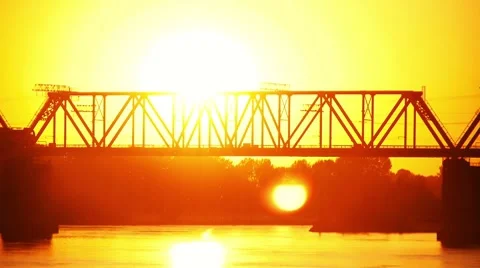 Railway bridge at sunset Stock Footage 8677442