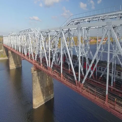The railway bridge on which the train rides. Aerial view. Stock-Footage 69633068