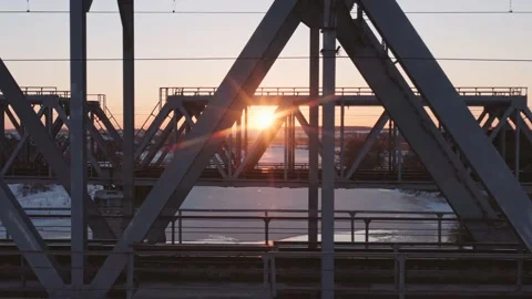 Railway bridges in the rays of the setting sun Stock Footage 168202230
