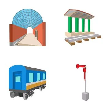 Railway concept elements including station, carriage, and signal Stock Illustration