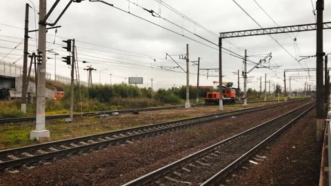 Railway construction train crane construction rails replacement lifting loads Stock Footage 210754210