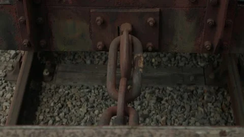 Railway coupling close up moving train 4k slow mo. Stock Footage 249391065