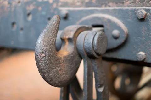 Railway coupling  hook on train - old steel hook Stock Photos