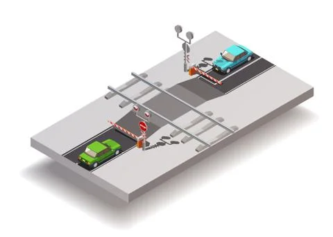 Railway Crossing Isometric Composition Illustration
