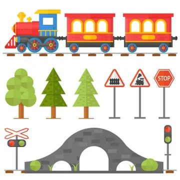 Railway design concept set with station steward railroad passenger toy train Stock Illustration
