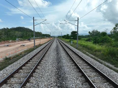 Railway double track eletrified Stock Photos