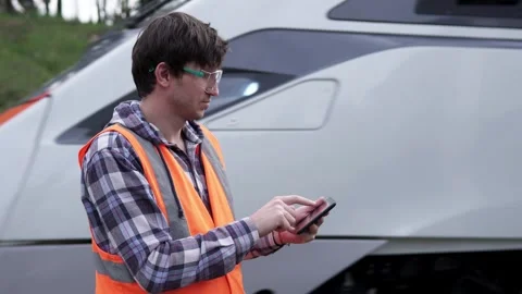 Railway engineer makes notes on the tablet. Stock Footage 241907096